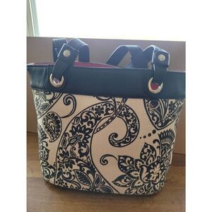 Spartina 449 Black/ Cream Paisley Tote bag snap closure Natural linen/leather